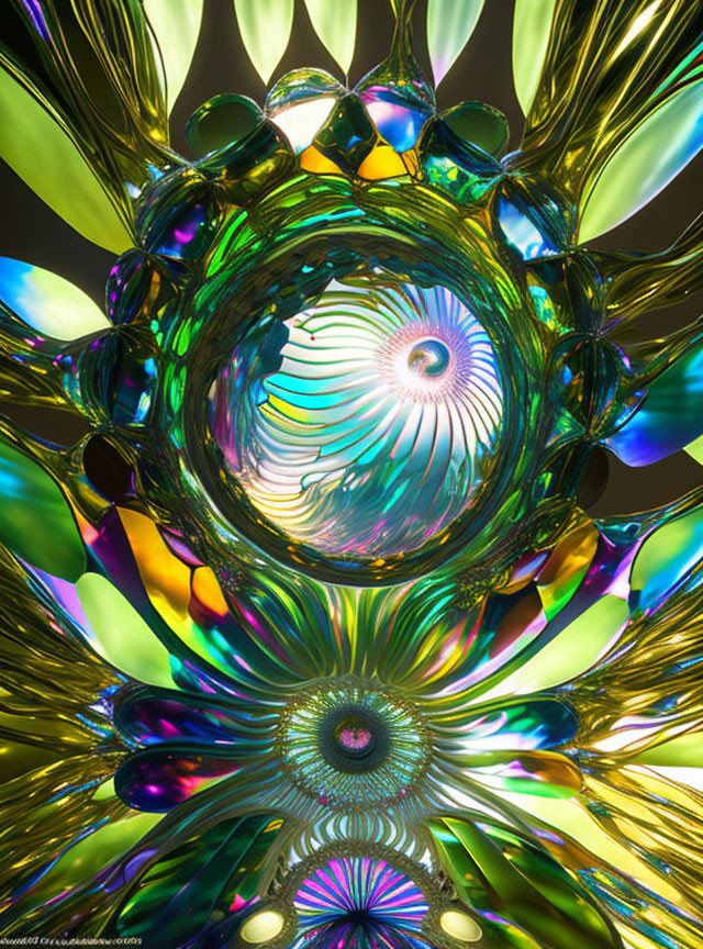 Vibrant iridescent colors and patterns in abstract kaleidoscopic image