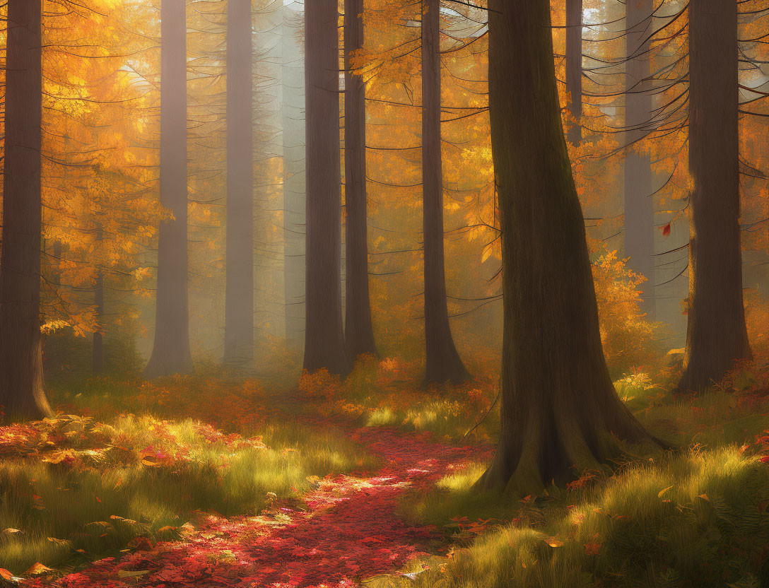 Autumnal forest with golden leaves and red foliage under sunlight