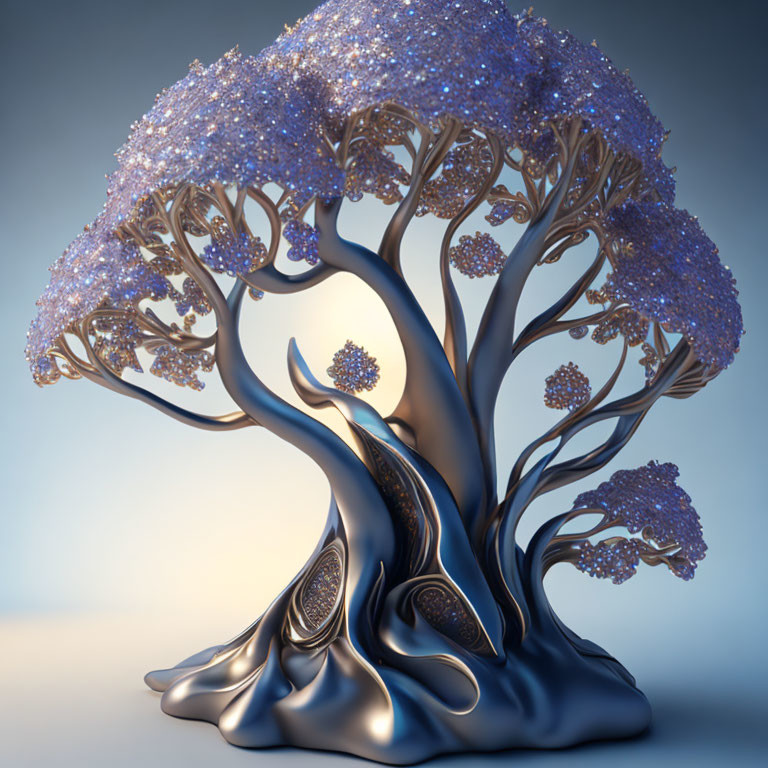 Surreal metallic tree with intricate branches and purple foliage on blue background