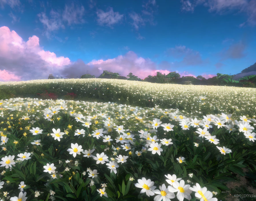 Scenic white daisies field under blue sky with pink-tinged clouds