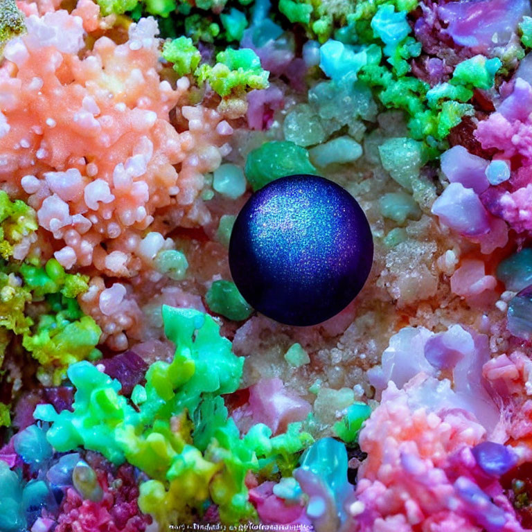 Dark iridescent sphere surrounded by colorful crystalline structures in macro photograph