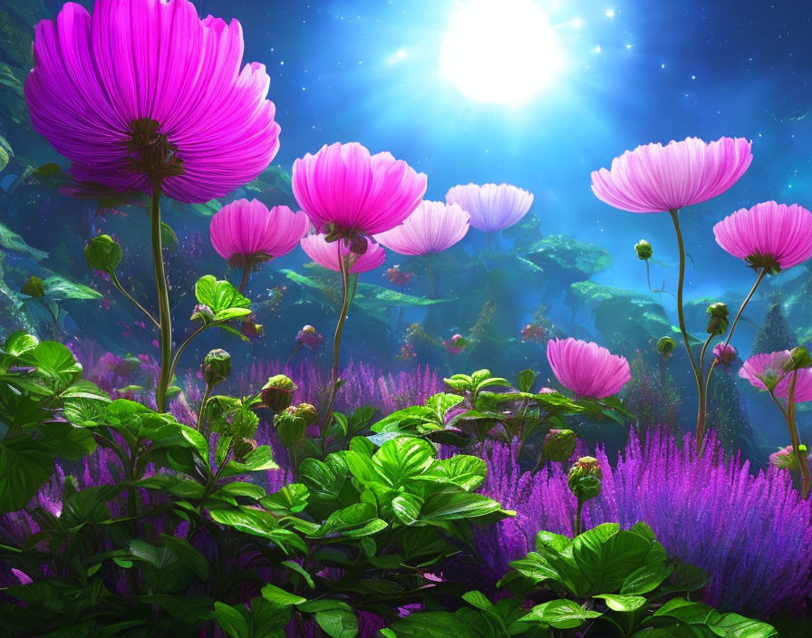 Vibrant pink flowers in lush fantasy garden