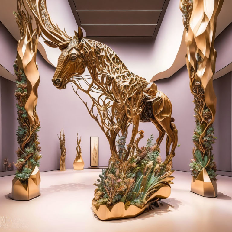 Intricate golden moose sculpture in gallery with purple walls