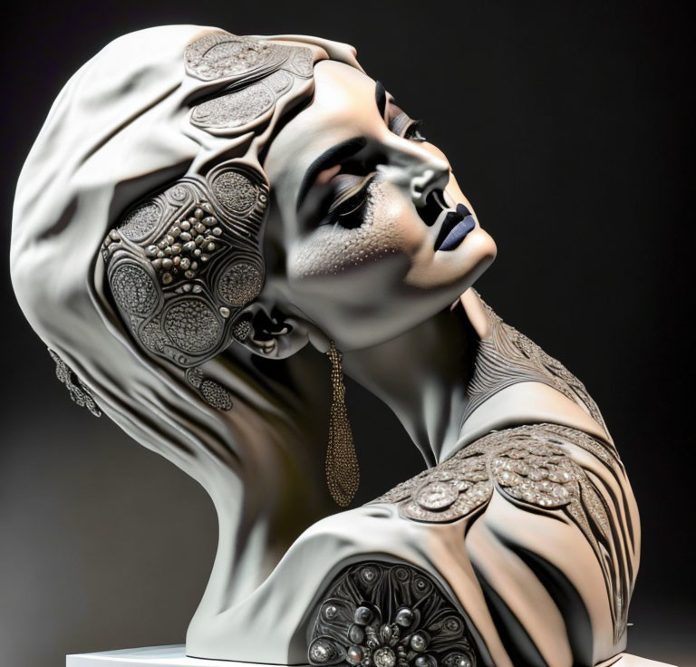 Intricately textured bust of stylized woman with jewelry and headscarf