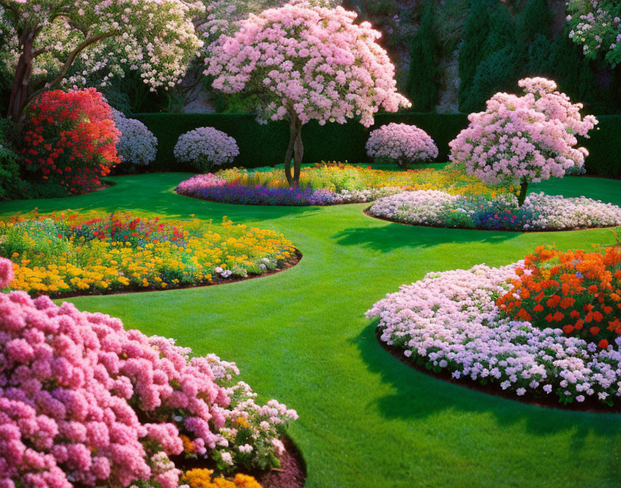 Lush Garden with Vibrant Blooms and Trimmed Hedges