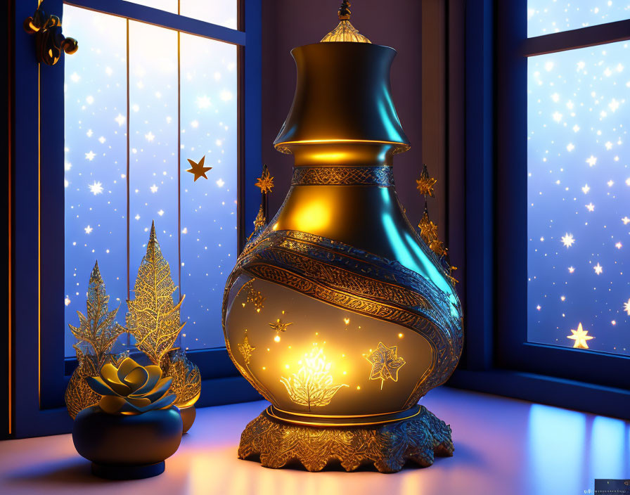 Golden vase with intricate designs, succulent, and trees by window at night.