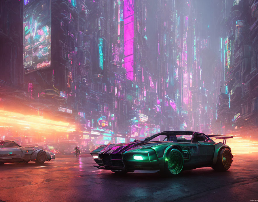 Nighttime futuristic cityscape with neon lights, high-rise buildings, sleek cars, and vibrant glows