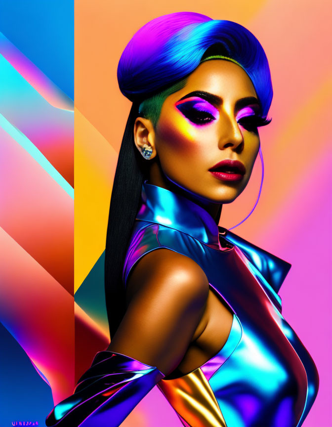 Colorful portrait of woman with blue hair and makeup in shiny outfit against geometric backdrop