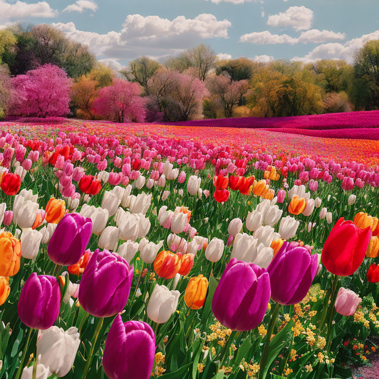 Colorful Tulip Field Surrounded by Pink Trees under Blue Sky