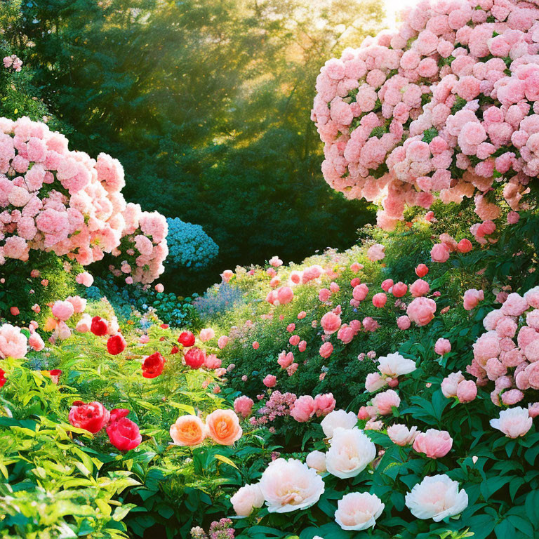 Lush Greenery and Colorful Flowers in Soft Sunlight