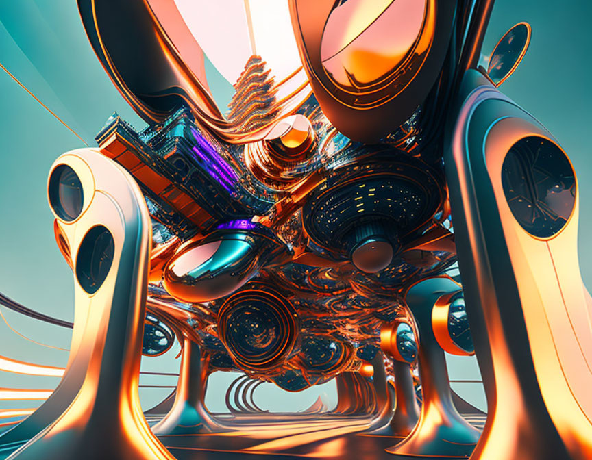 Vibrant orange and blue 3D render with glossy metallic structures