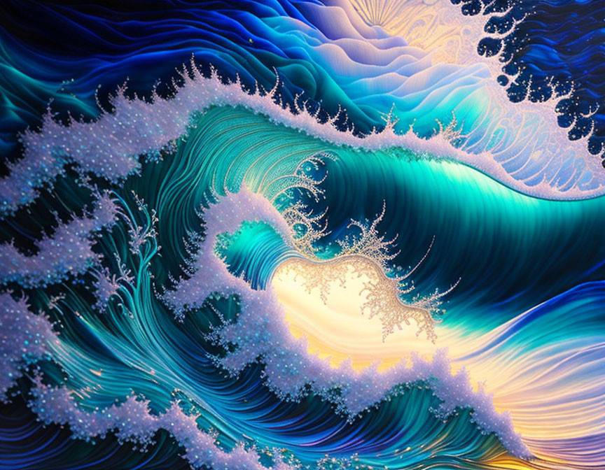 Vibrant digital artwork of stylized blue wave with intricate patterns