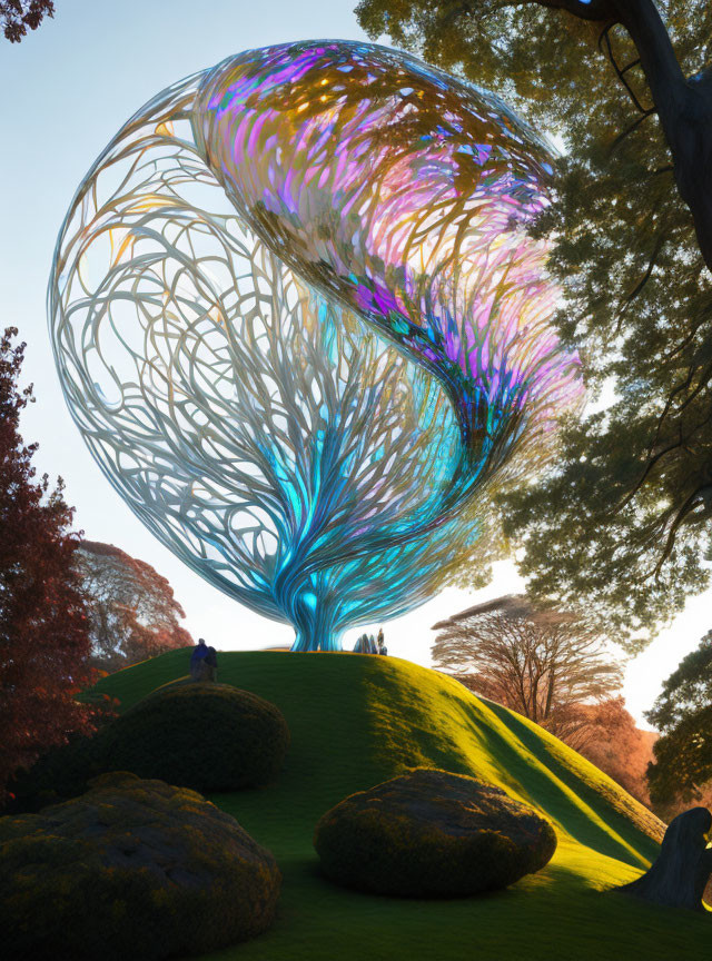 Surreal digital artwork of metallic tree-like structures on grassy landscape