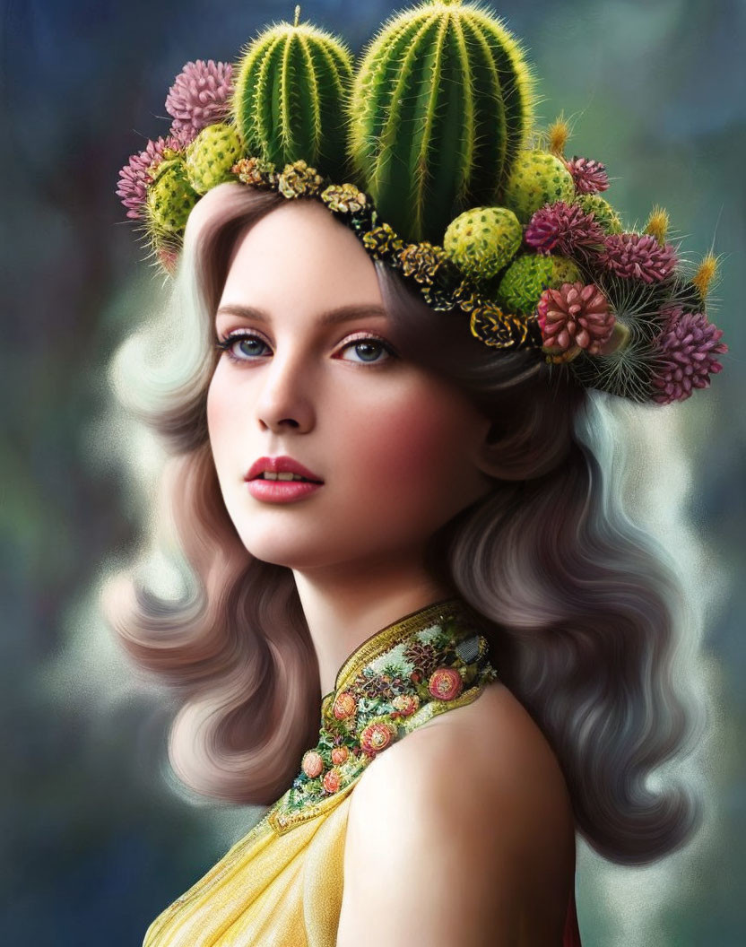 Woman with cactus crown and floral attire.