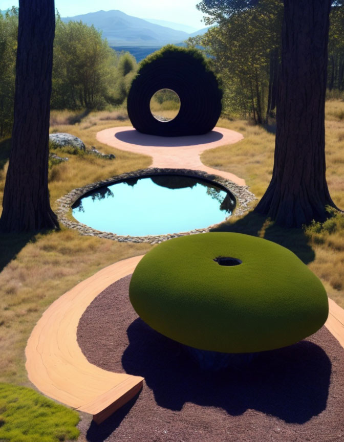 Tranquil landscape with winding path, circular sculpture, pond, and distant hills