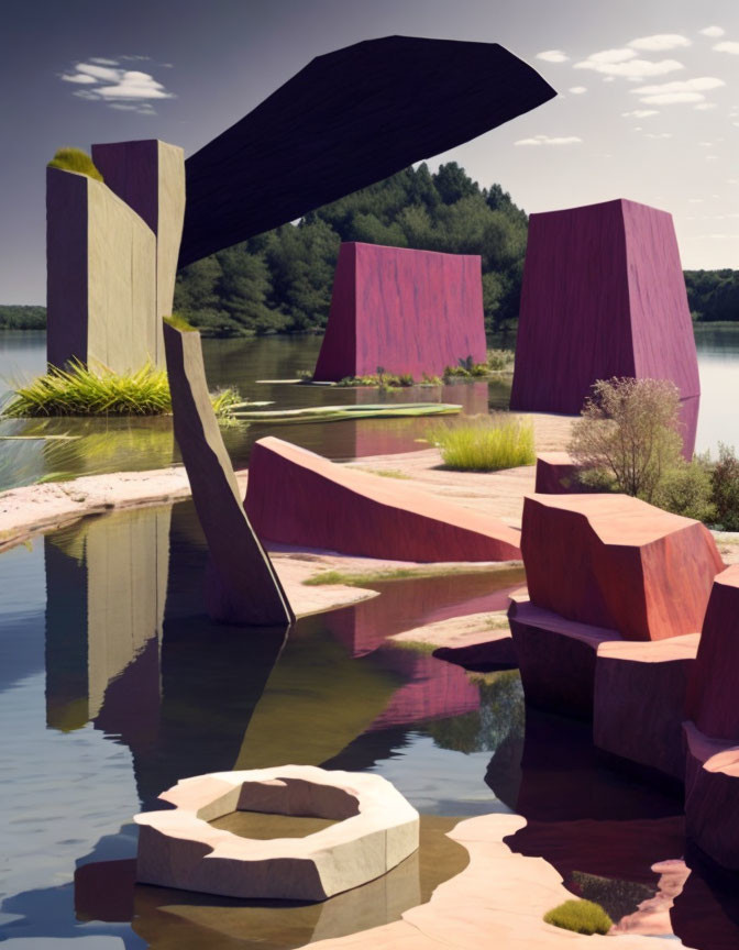 Abstract Pink and Brown Geometric Shapes in Surreal Landscape