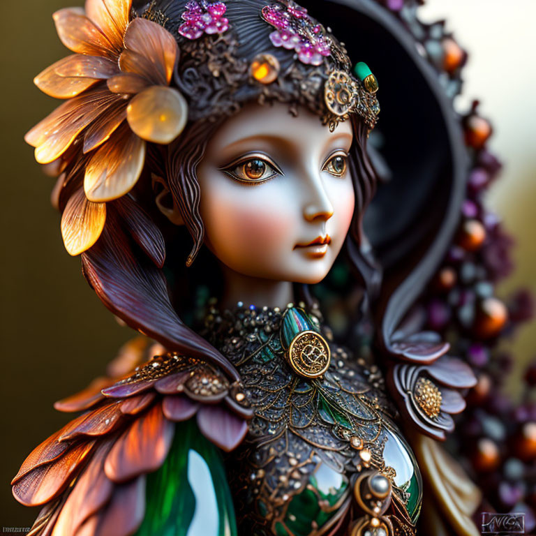 Detailed Doll with Floral Headgear and Lifelike Eyes