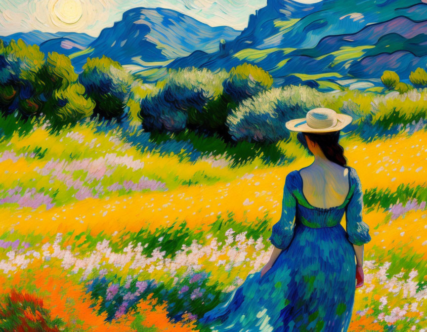 Woman in Blue Dress and Hat in Vibrant Meadow with Starry Sky