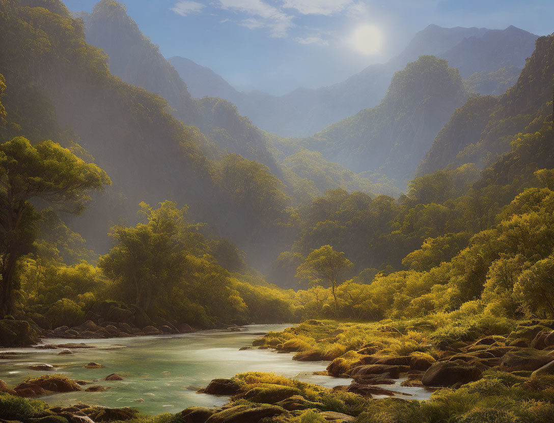 Tranquil river in lush valley with misty mountains