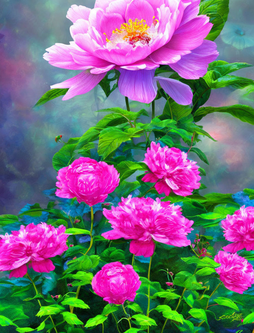 Colorful Painting of Pink Peonies in Misty Setting