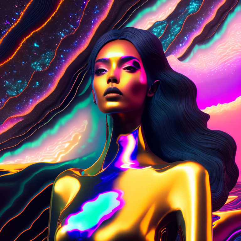 Surreal portrait of woman with metallic golden skin on vibrant cosmic background