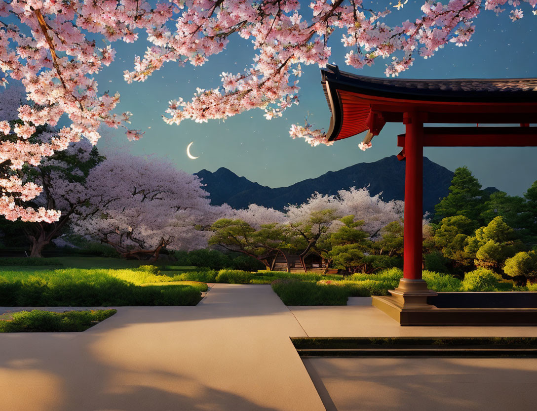 Japanese garden at dusk with cherry blossoms, crescent moon, and red pagoda