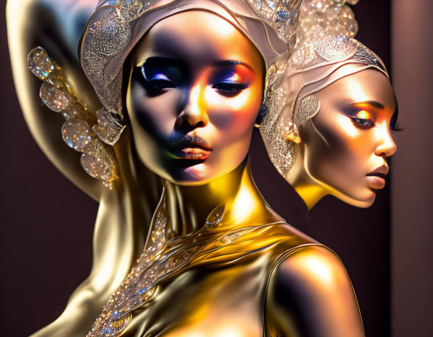 Metallic Gold Makeup and Ornate Headpieces on Two Models