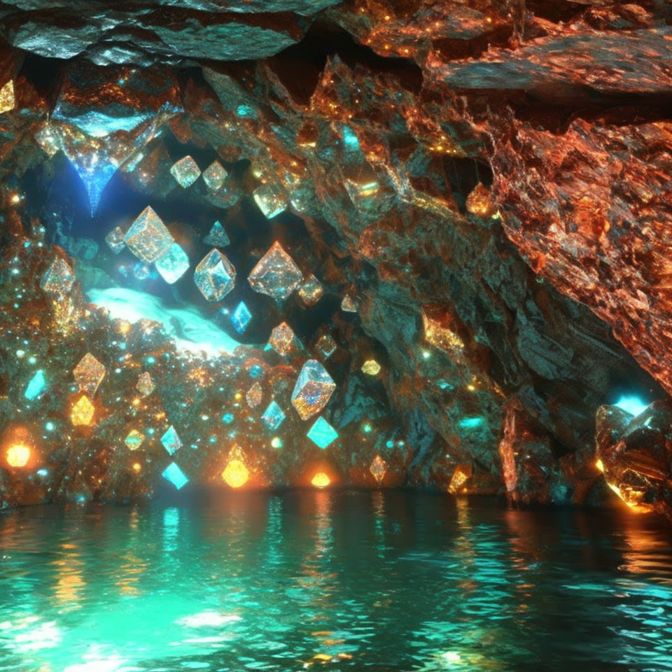 Crystal formations and reflective water in luminous cave