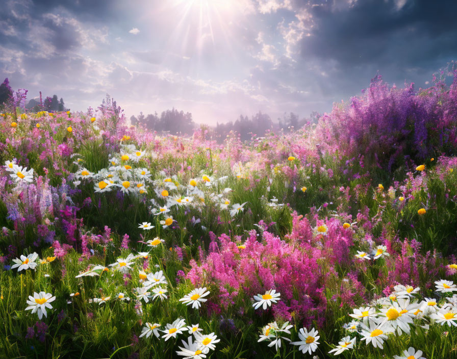 Sunny sky over lush meadow with white daisies and purple flowers