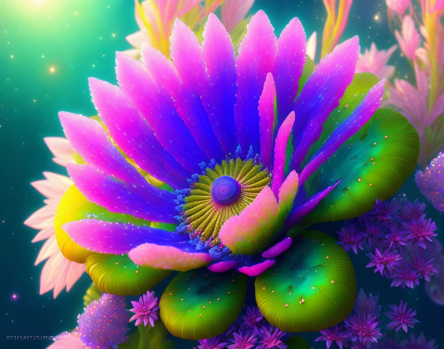 Colorful digital artwork of stylized flower on cosmic background