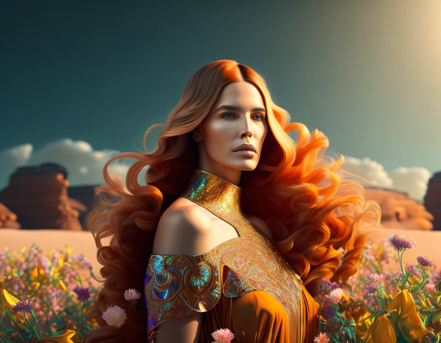 Digital artwork: Woman with red hair and gold shoulder piece in desert landscape