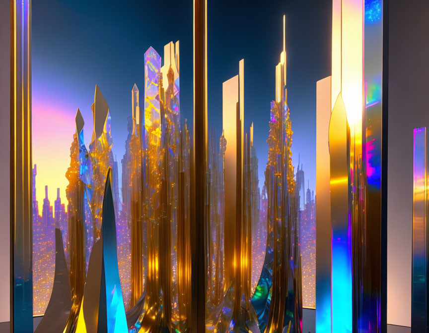 Colorful digital artwork: shimmering crystals against neon cityscape at dusk