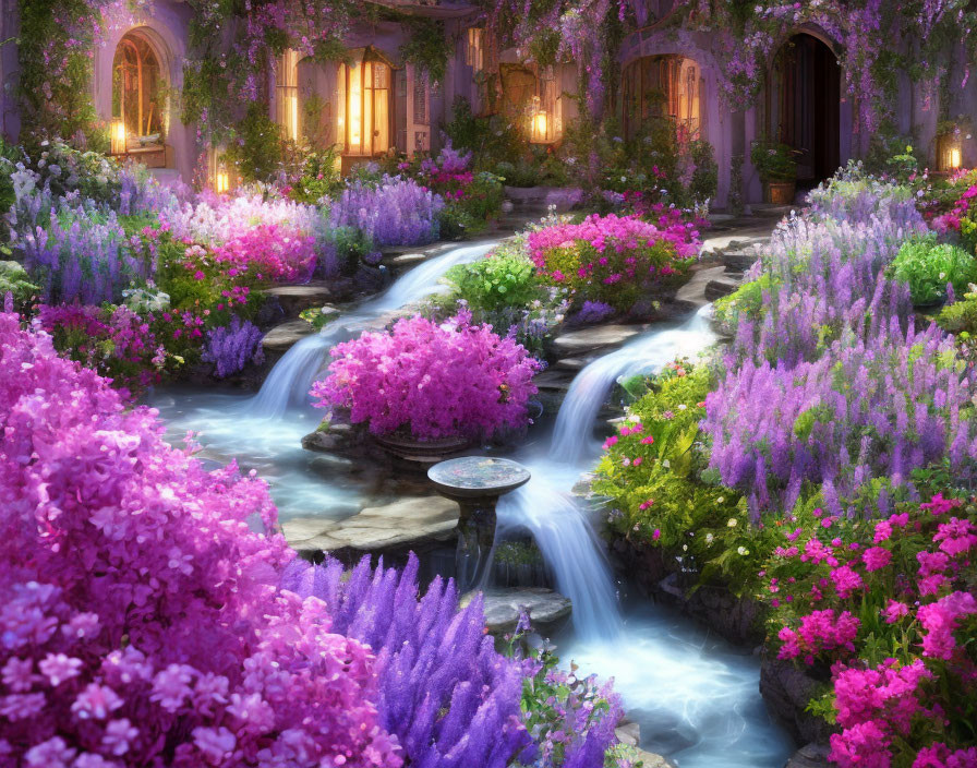 Vibrant purple and pink flower garden with flowing streams and charming stone building