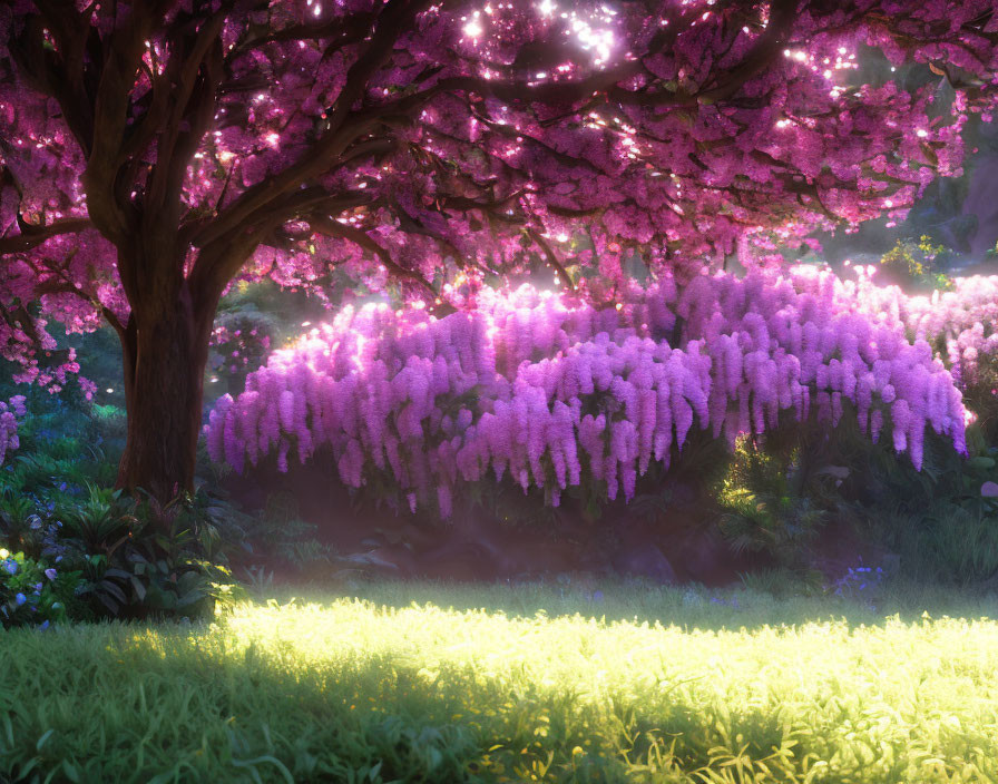 Lush garden with pink trees and cascading wisterias in soft light