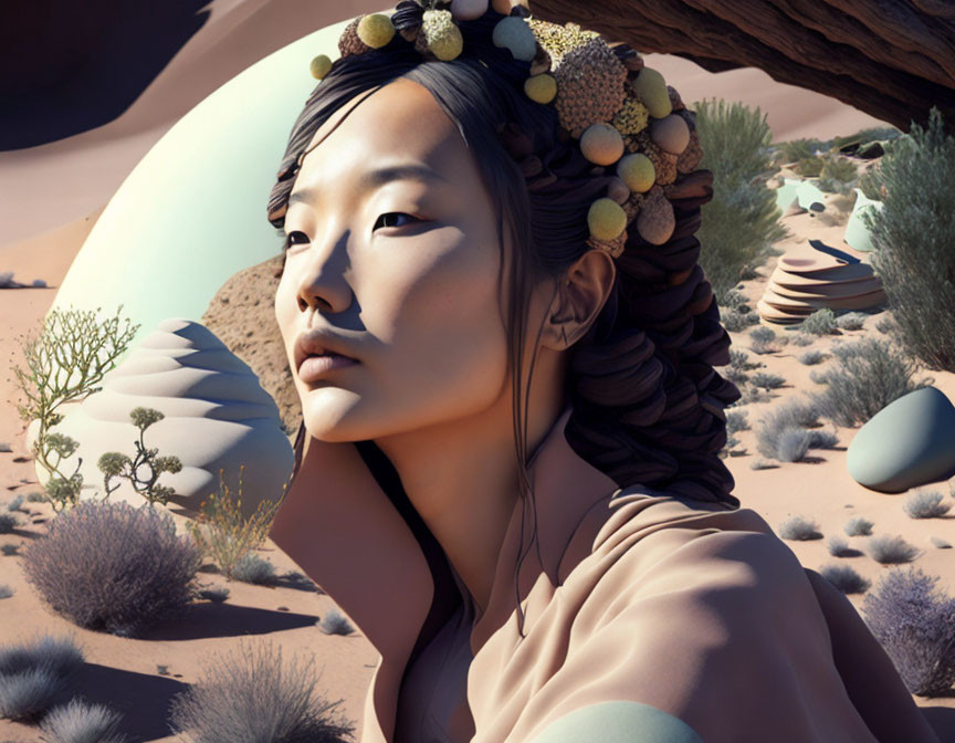 Digital art portrait of woman with elaborate hair decorations in desert landscape