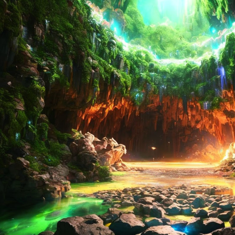 Greenery drapes over rocky cave with glowing pool edge