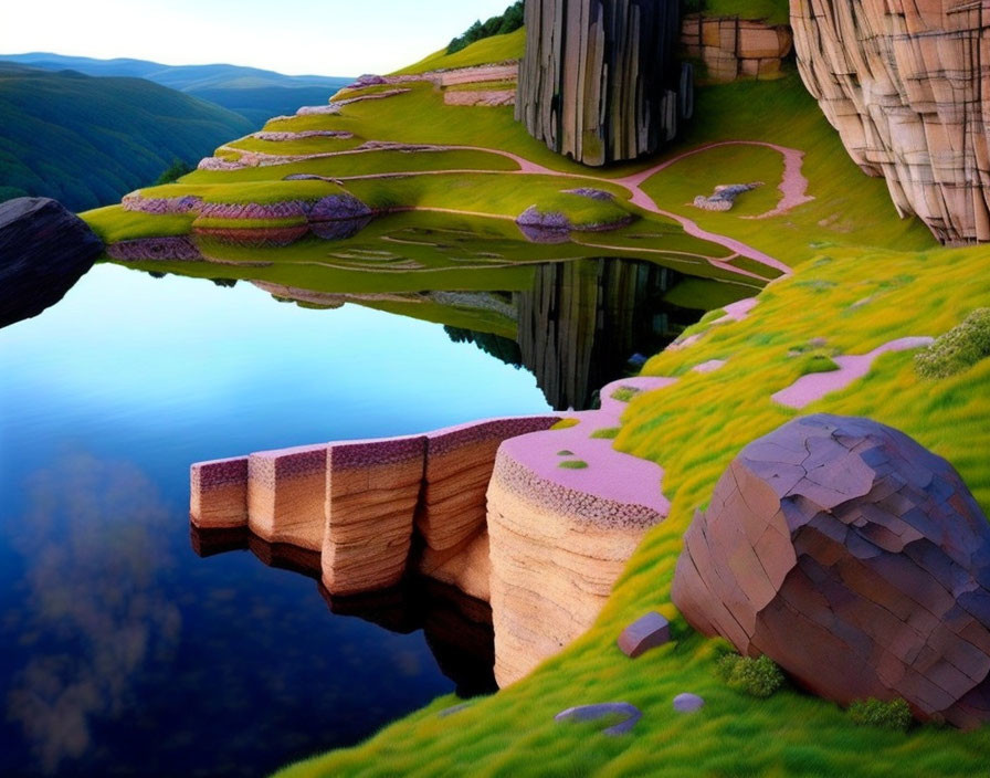 Tranquil landscape with green grass, rock formations, and still water.