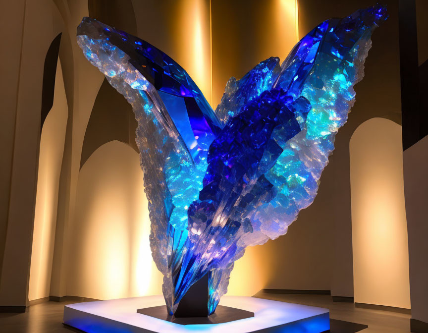 Large Blue Crystal Sculpture Illuminated in Gallery Display