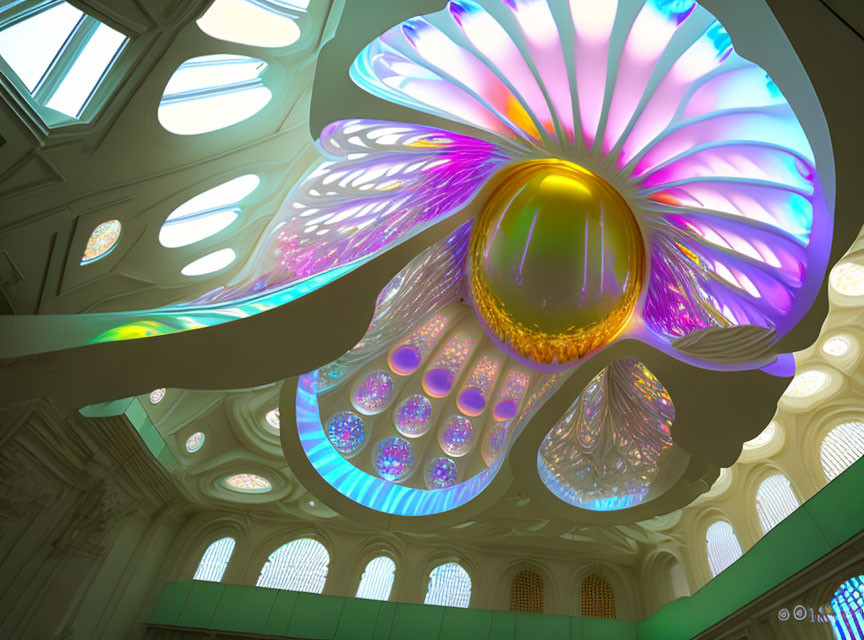 Iridescent Futuristic Chandelier in Classic Architecture