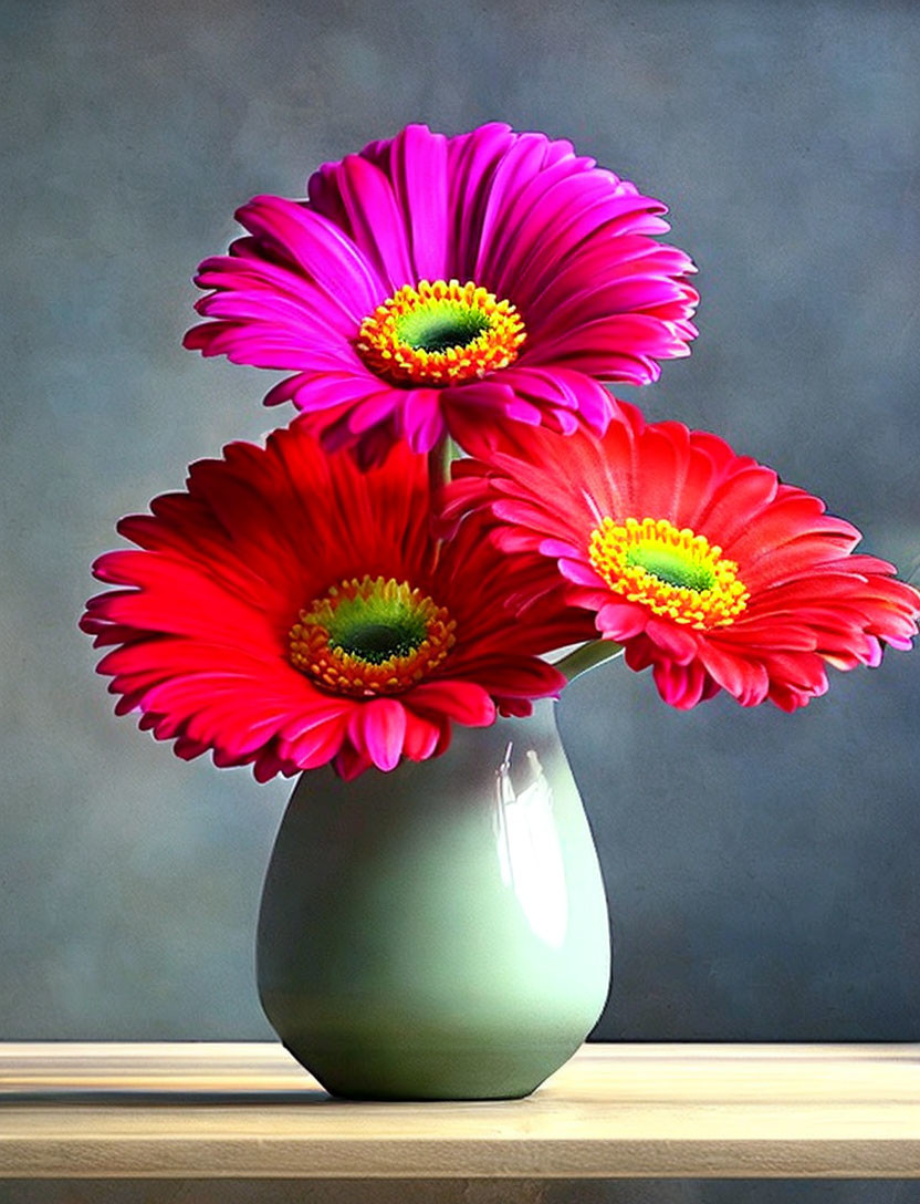 Colorful red and pink gerbera daisies in pale green vase on wood table