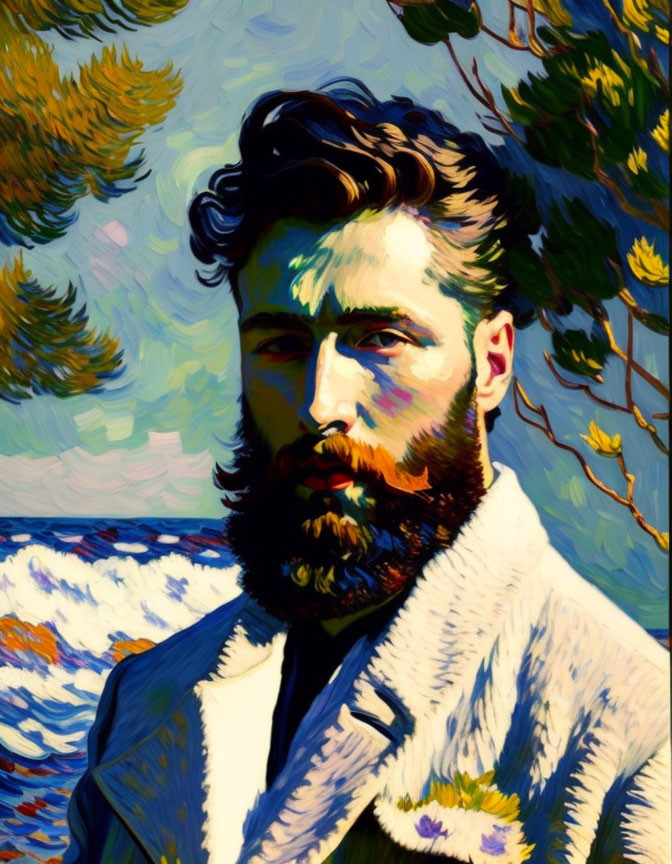 Stylized portrait of bearded man in white coat against vibrant backdrop