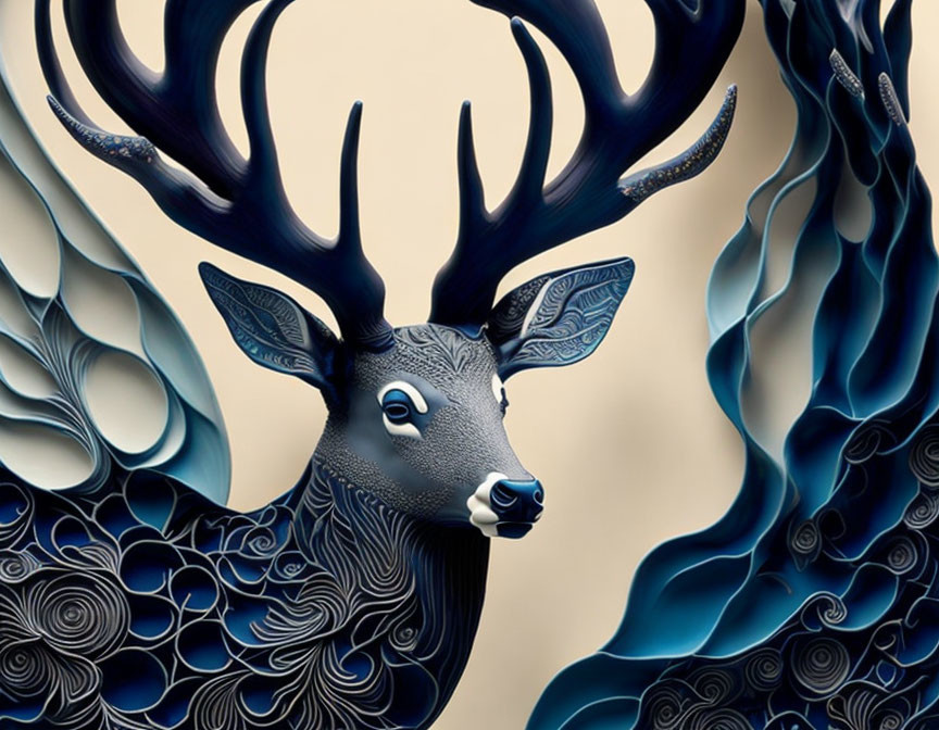 Mystical stag with blue and black swirling antlers on pale background