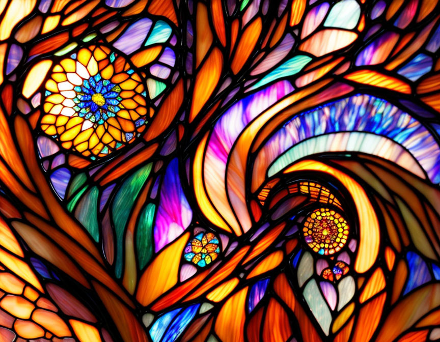 Colorful Stained Glass with Swirling Patterns and Floral Motifs