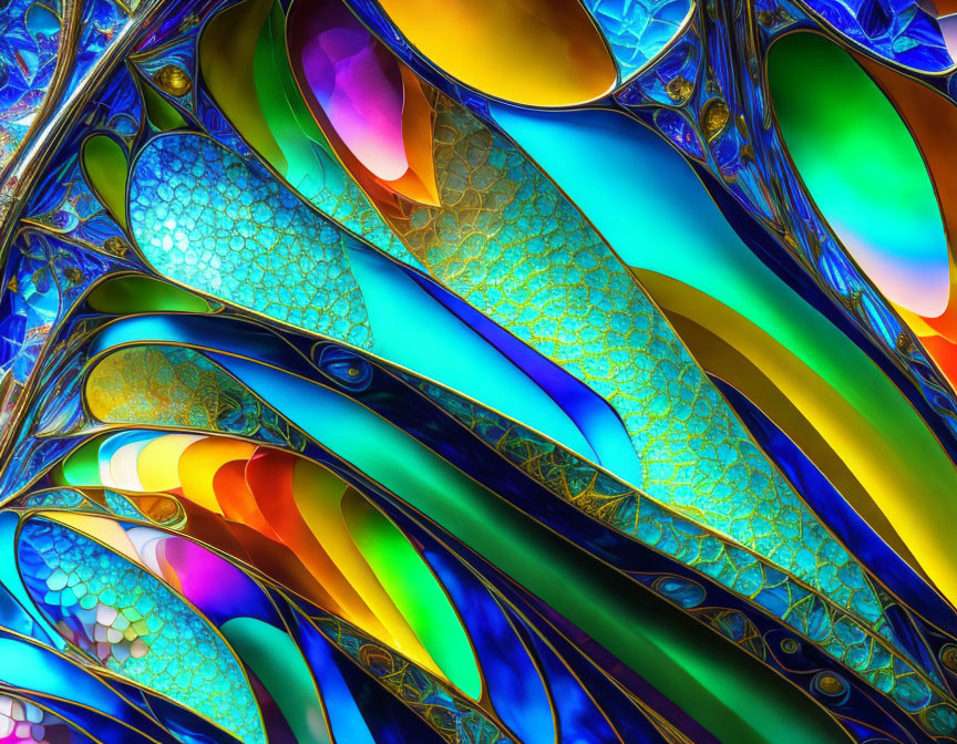 Abstract digital art: Vibrant wavy forms with intricate patterns & iridescent texture