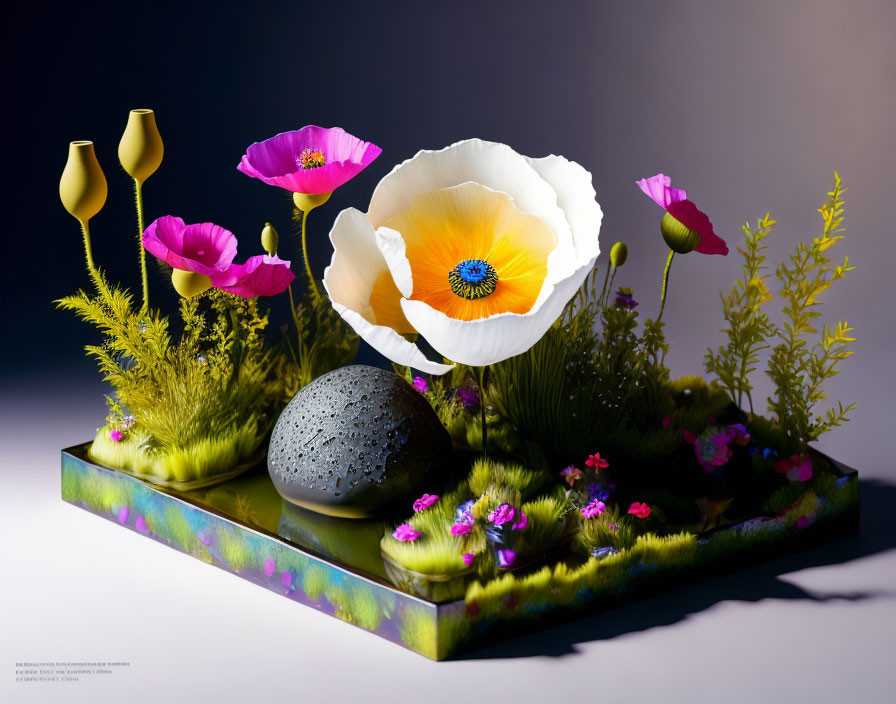 Colorful 3D-rendered floral scene with white and orange flower, pink blooms, greenery