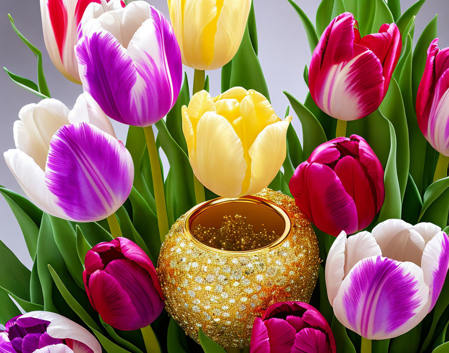 Multicolored Tulip Bouquet in Glittery Golden Vase