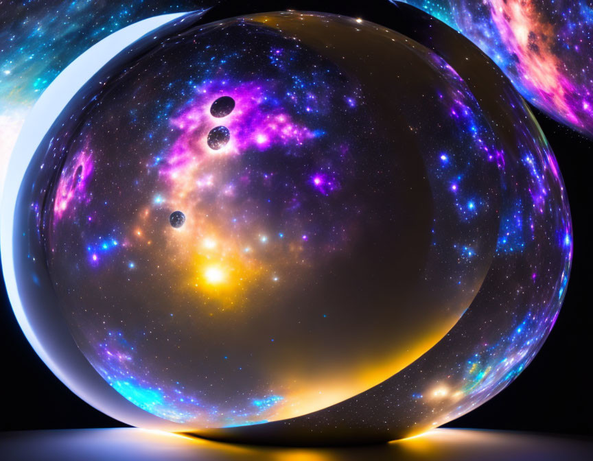 Reflective spherical structure displaying vibrant cosmic scene with stars, galaxies, and nebulae.