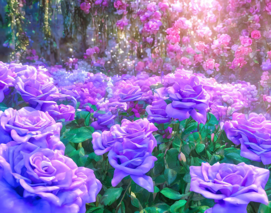 Luminous purple roses in vibrant garden setting