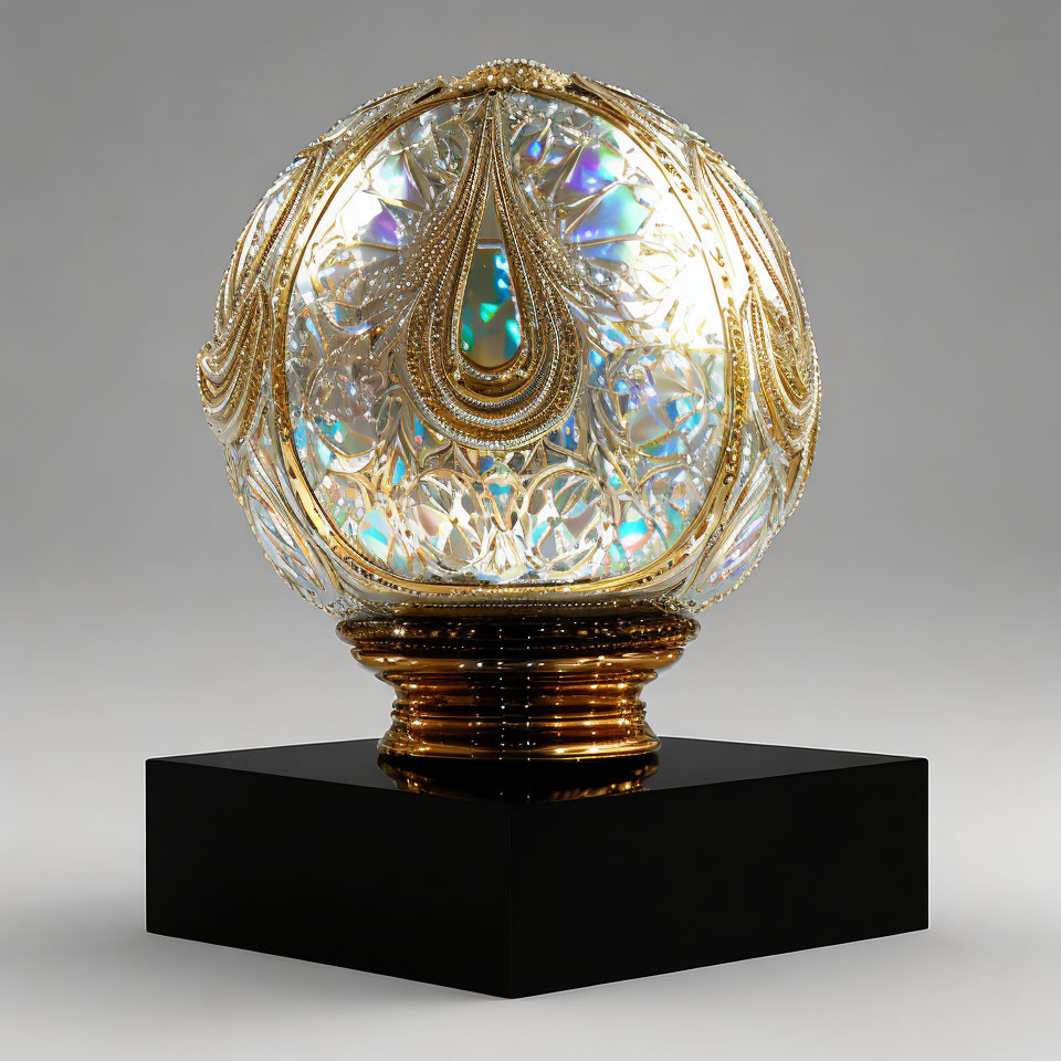 Golden and crystal egg sculpture with intricate patterns on black pedestal