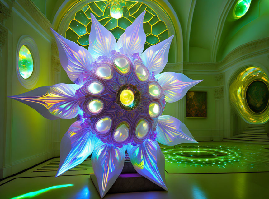 Intricate flower sculpture in vibrant room with colorful lighting